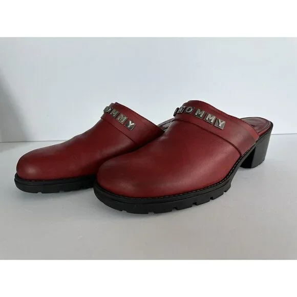 Vtg Y2K 90’s Tommy Hilfiger Slip On Chunky Leather‎ Mules Womens 11M Bejeweled